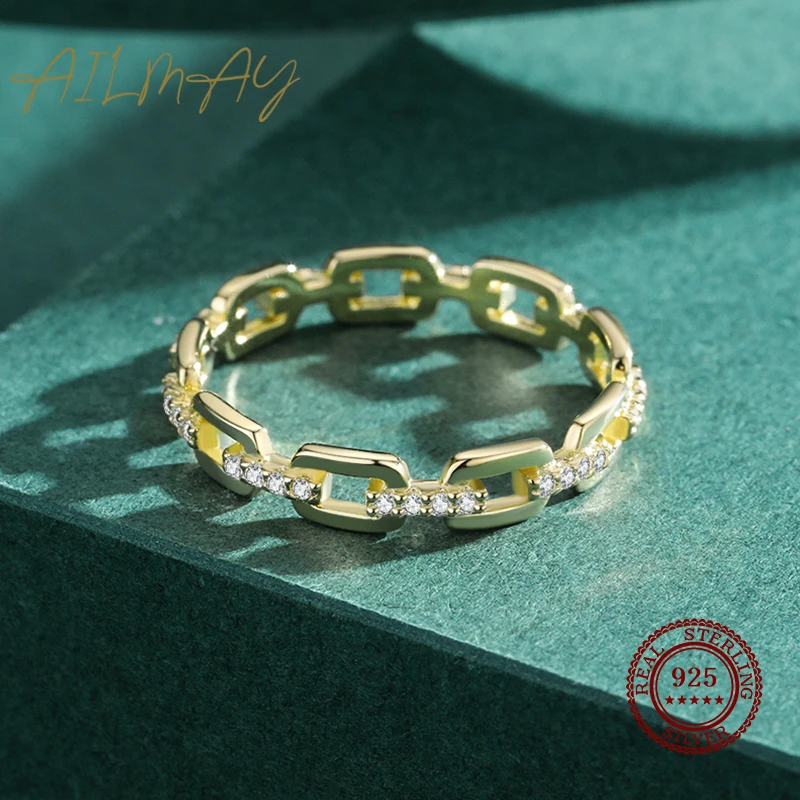 Ailmay Clear Zircon Real 925 Sterling Silver Fashion Golden Color Finger Ring For Women Girls Party Accessories Jewelry - Image 4