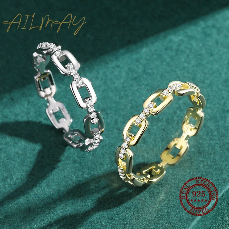 Ailmay Clear Zircon Real 925 Sterling Silver Fashion Golden Color Finger Ring For Women Girls Party Accessories Jewelry - Image 3