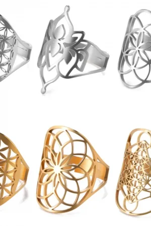 Stainless Steel Flower Of Life Ring Hollow Archangel Amulet Adjustable Finger Ring Sacred Geometry Wicca Jewelery For Women Men