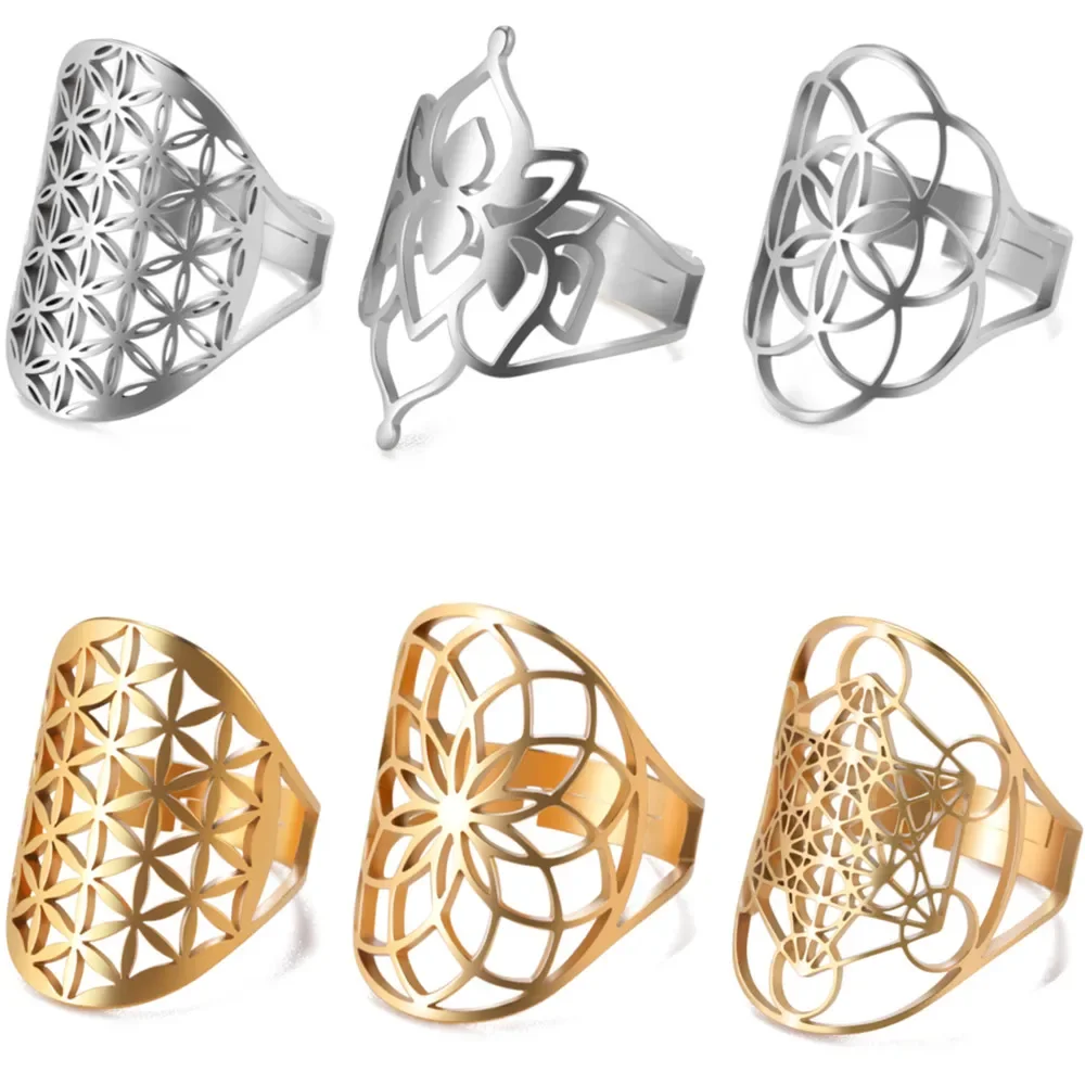 Stainless Steel Flower Of Life Ring Hollow Archangel Amulet Adjustable Finger Ring Sacred Geometry Wicca Jewelery For Women Men