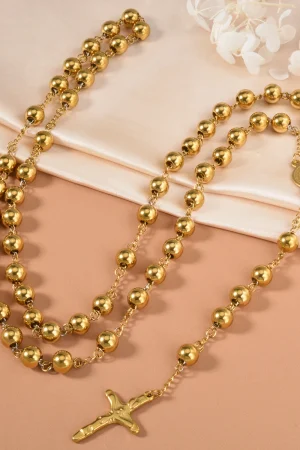Gold Plated Rosary Beads Necklace with Jesus Cross Pendant Catholic Religious Jewelry Long Chain for Prayer Devotion Gift