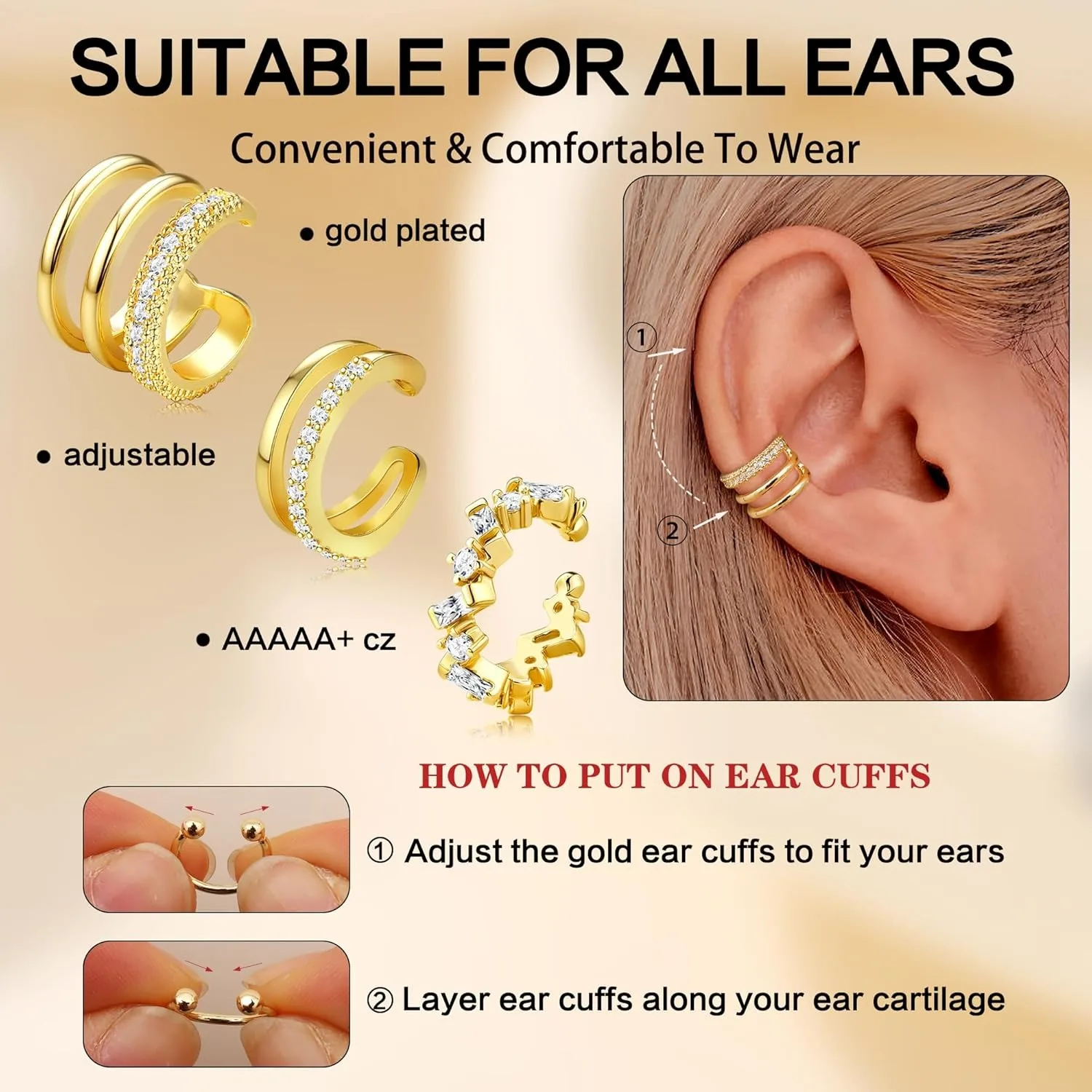 Bobisty 3PCS Ear Cuff Non-Piercing Earrings for Women Cute Clip-On Cartilage Earring 14K Gold Plated Dainty Fake Piercing Earing - Image 5