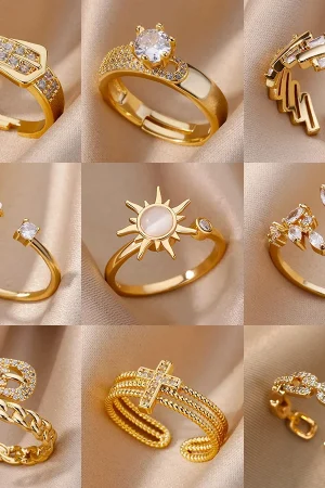 Luxury Zircon Geometric Rings For Women Stainless Steel Gold Color Open Ring Trendy Wedding Party Aesthetic Jewerly Gift Femme