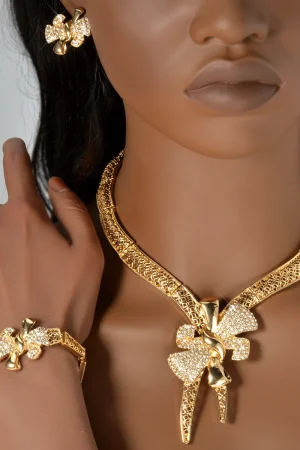 Dubai Fashion Hollow Bow Pendant Necklace Bracelet Earring Ring Southeast Asian Women's Jewelry Set