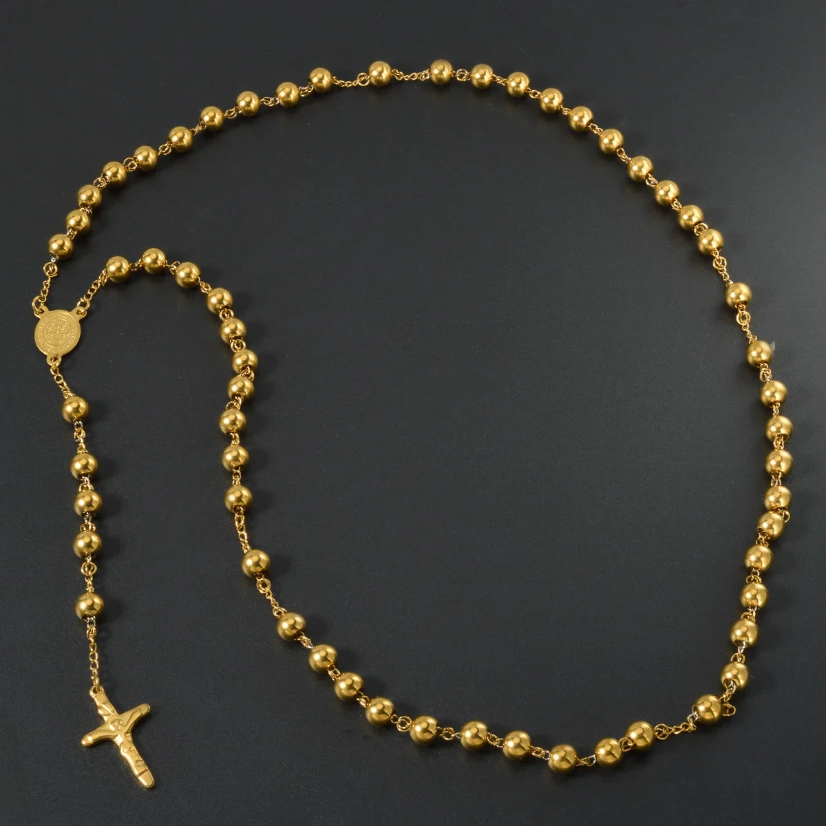 Gold Plated Rosary Beads Necklace with Jesus Cross Pendant Catholic Religious Jewelry Long Chain for Prayer Devotion Gift - Image 3