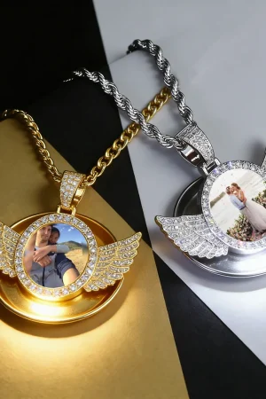 Dropshipping Hip Hop Personalized Pendant Bling CZ Memorial Picture Necklace Photo Custom Angel Free Engrave Wing Pendants