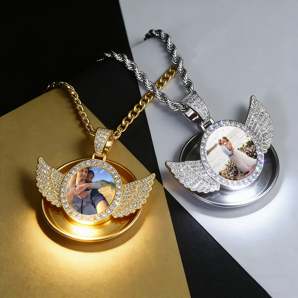 Dropshipping Hip Hop Personalized Pendant Bling CZ Memorial Picture Necklace Photo Custom Angel Free Engrave Wing Pendants
