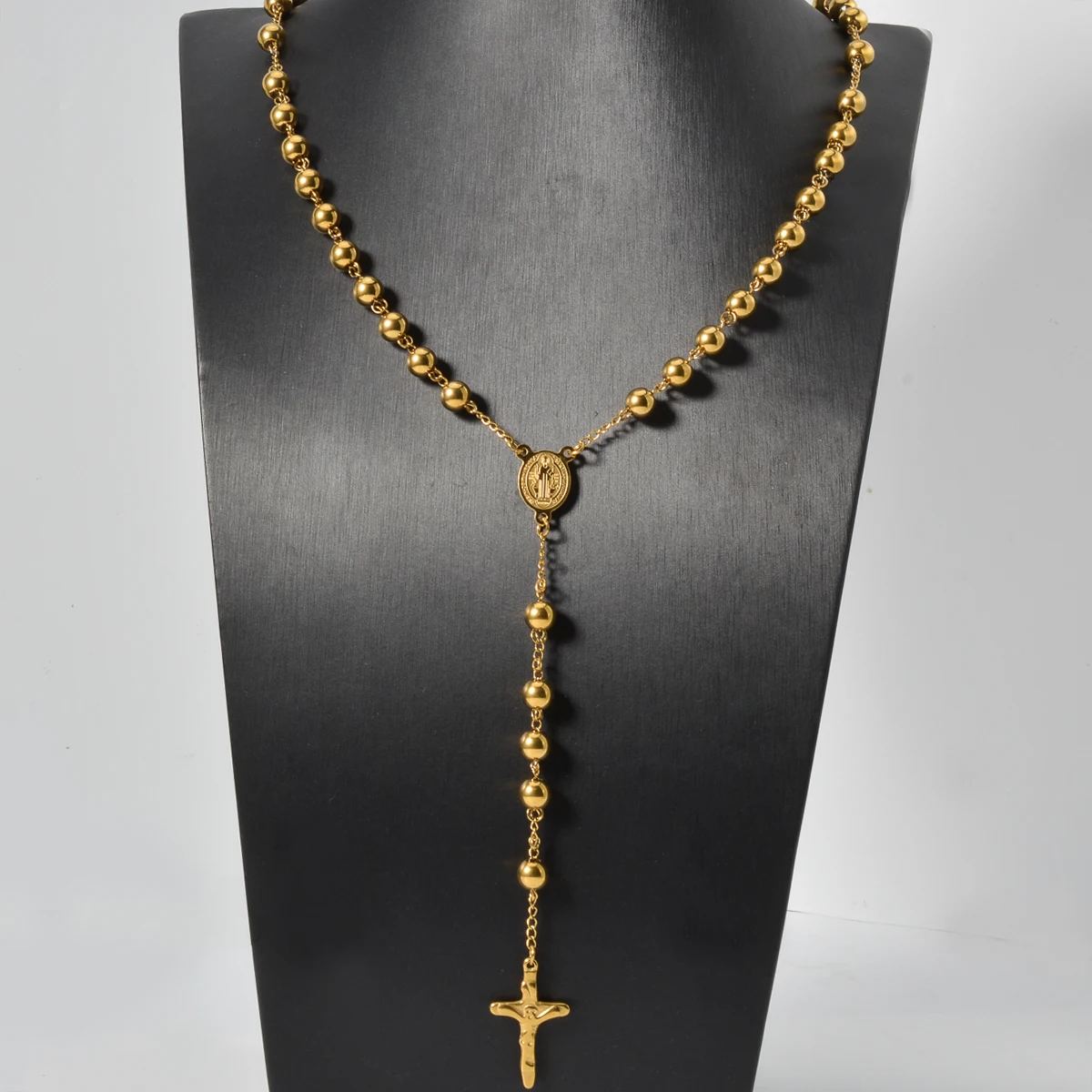 Gold Plated Rosary Beads Necklace with Jesus Cross Pendant Catholic Religious Jewelry Long Chain for Prayer Devotion Gift - Image 2