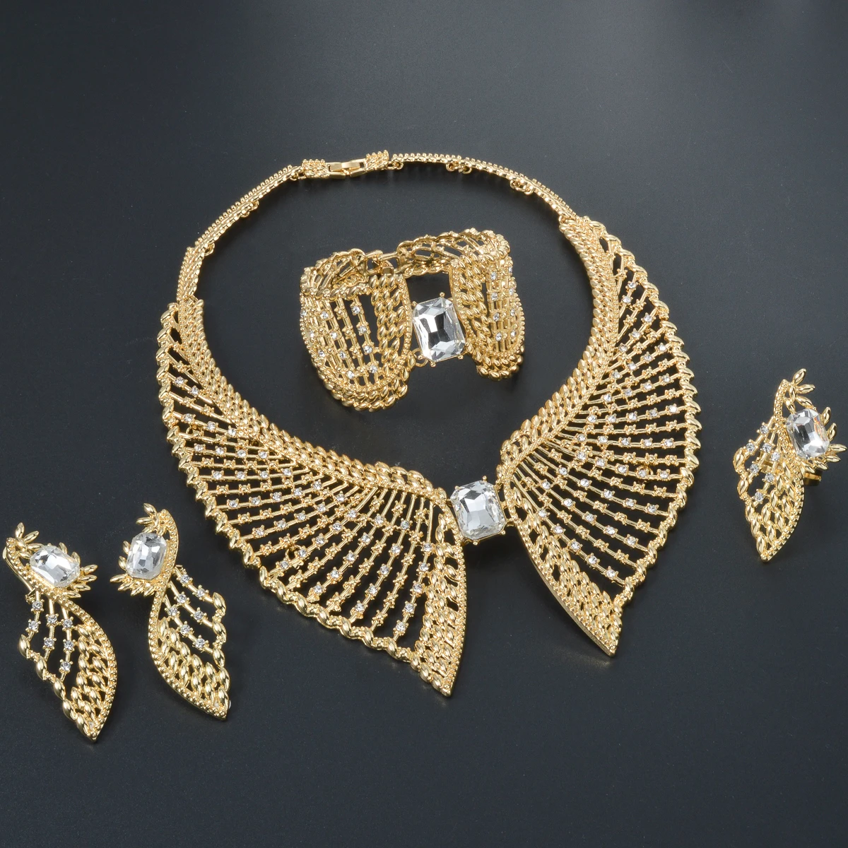 Italy Gold Plated Women Jewelry Set Classic Design Necklace Earring Bracelet And Ring 4PCS Set Jewelry Wedding Party - Image 3