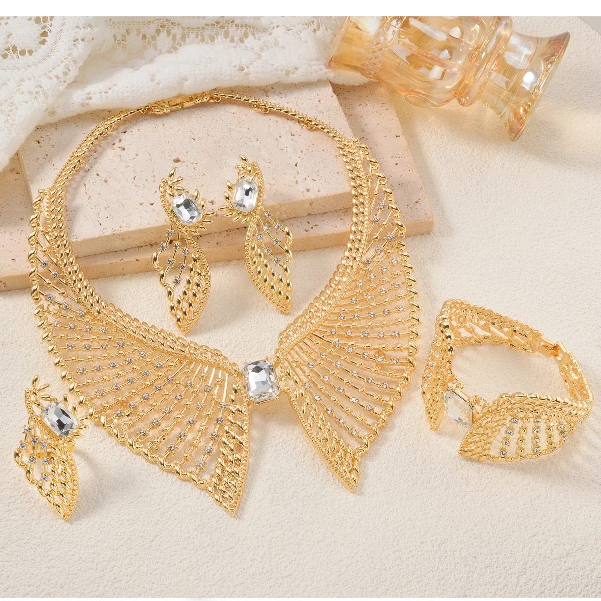 Italy Gold Plated Women Jewelry Set Classic Design Necklace Earring Bracelet And Ring 4PCS Set Jewelry Wedding Party