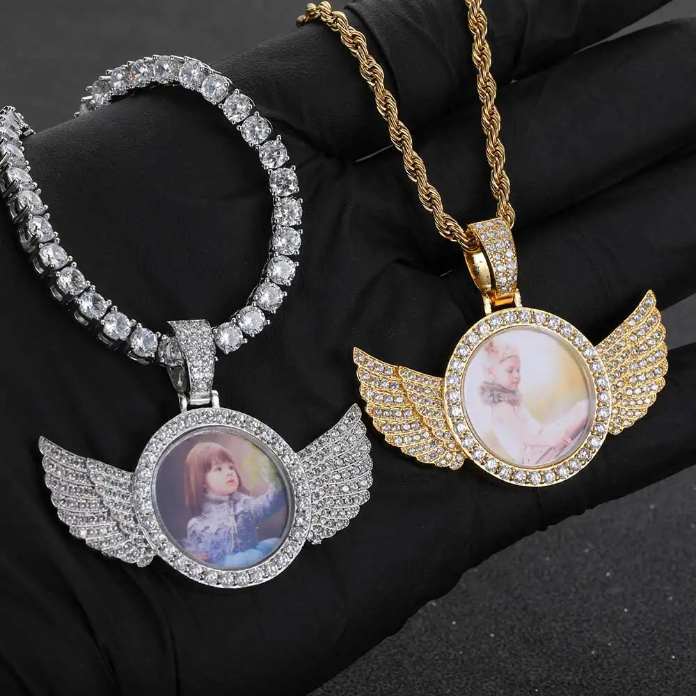 Dropshipping Hip Hop Personalized Pendant Bling CZ Memorial Picture Necklace Photo Custom Angel Free Engrave Wing Pendants - Image 2