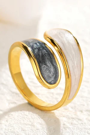 Stainless Steel Black and White Ring with Enamel Simple Double Layer Oil Dripping Adjustable Open Finger Ring for Women No Fade