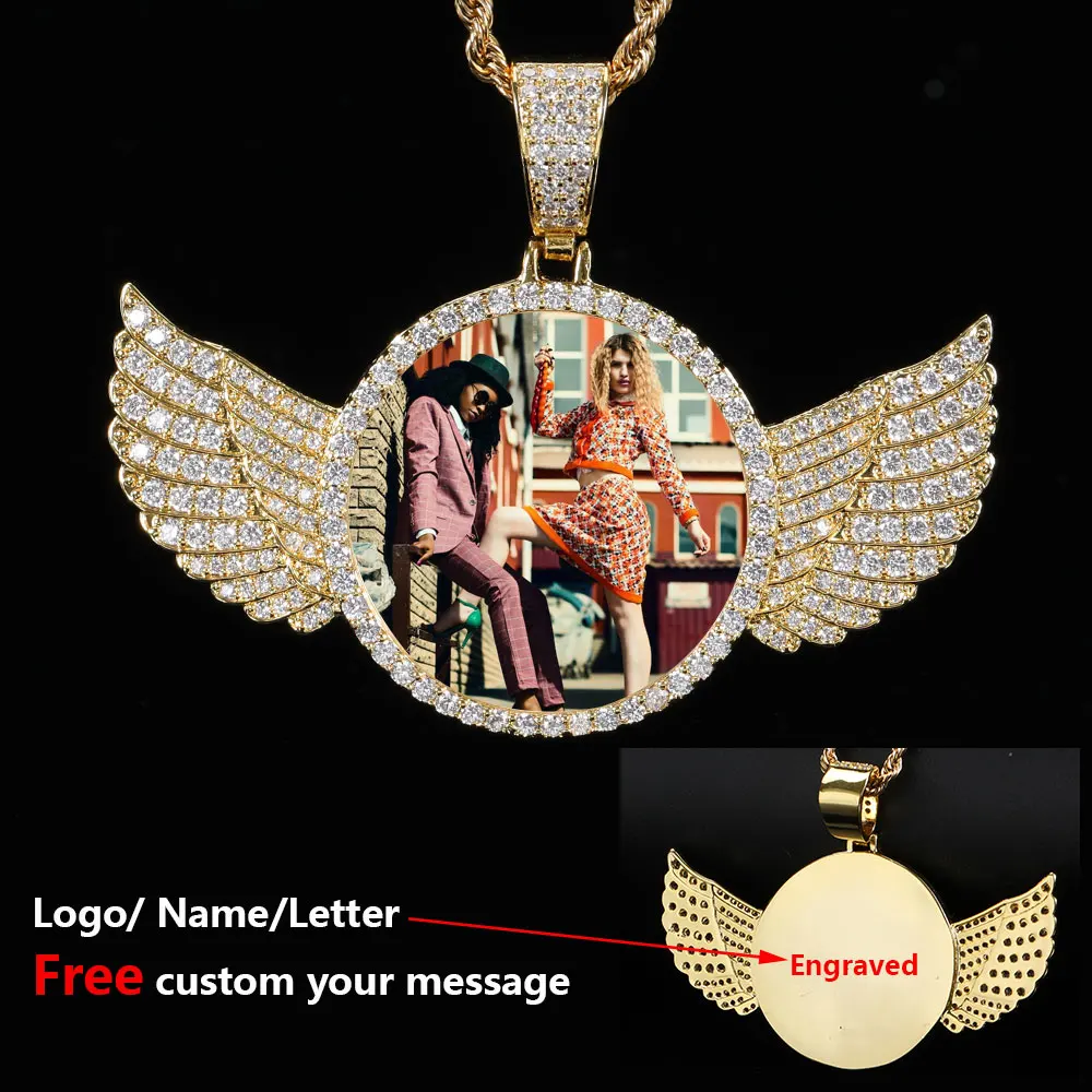 Dropshipping Hip Hop Personalized Pendant Bling CZ Memorial Picture Necklace Photo Custom Angel Free Engrave Wing Pendants - Image 3