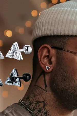Men Stud Earring,Triangle Pierced Crystal Zircon Stud Earrings,Stainless Steel Tiny Minimalist Studs for Mens Women Jewelry