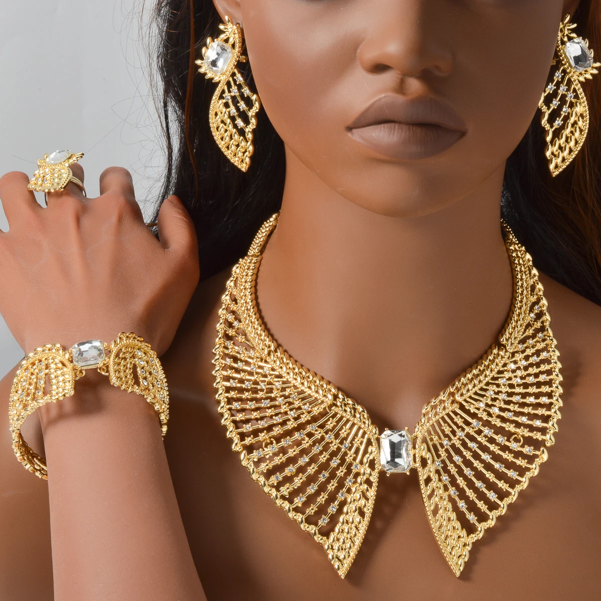 Italy Gold Plated Women Jewelry Set Classic Design Necklace Earring Bracelet And Ring 4PCS Set Jewelry Wedding Party - Image 4