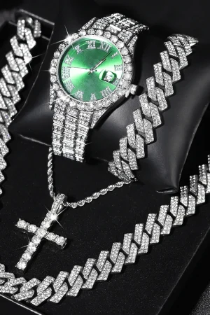 Iced Out Luxury Popular set Watch+Bracelet+Necklace With Gift Box Cuban Chain Cross Pendent Jewelry HipHop Style For Men Women