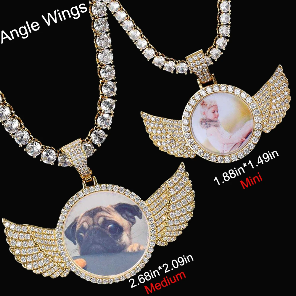 Dropshipping Hip Hop Personalized Pendant Bling CZ Memorial Picture Necklace Photo Custom Angel Free Engrave Wing Pendants - Image 4