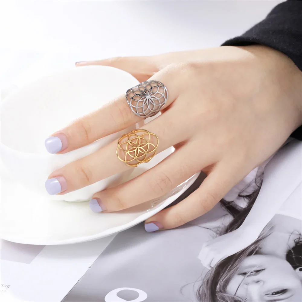 Stainless Steel Flower Of Life Ring Hollow Archangel Amulet Adjustable Finger Ring Sacred Geometry Wicca Jewelery For Women Men - Image 2